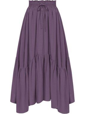 Women Gray Purple Drawstring Renaissance Boho Flowy Asymmetric Tiered Maxi Skirt